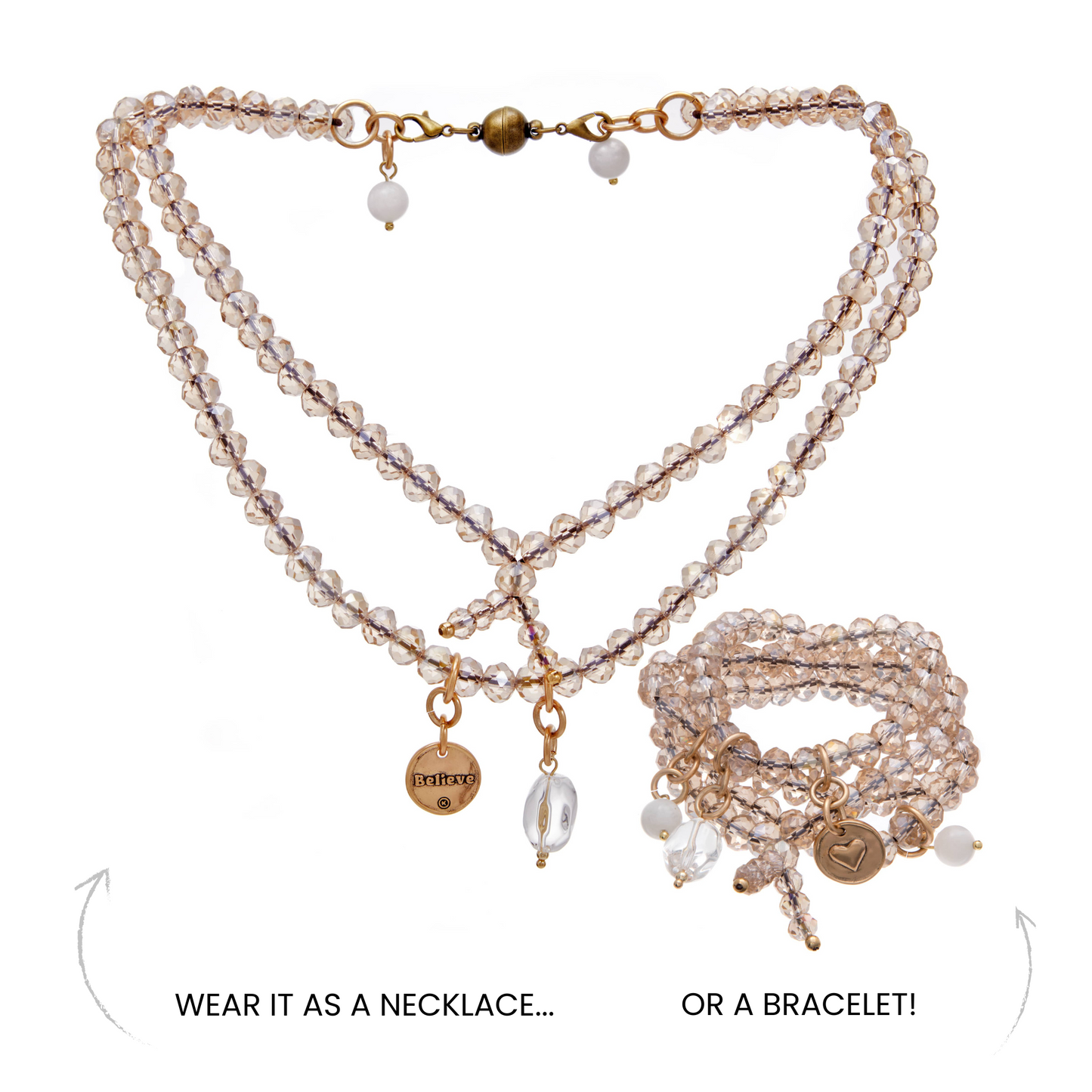 Believe Heart Crystal Boho Wrap Bracelet/Necklace