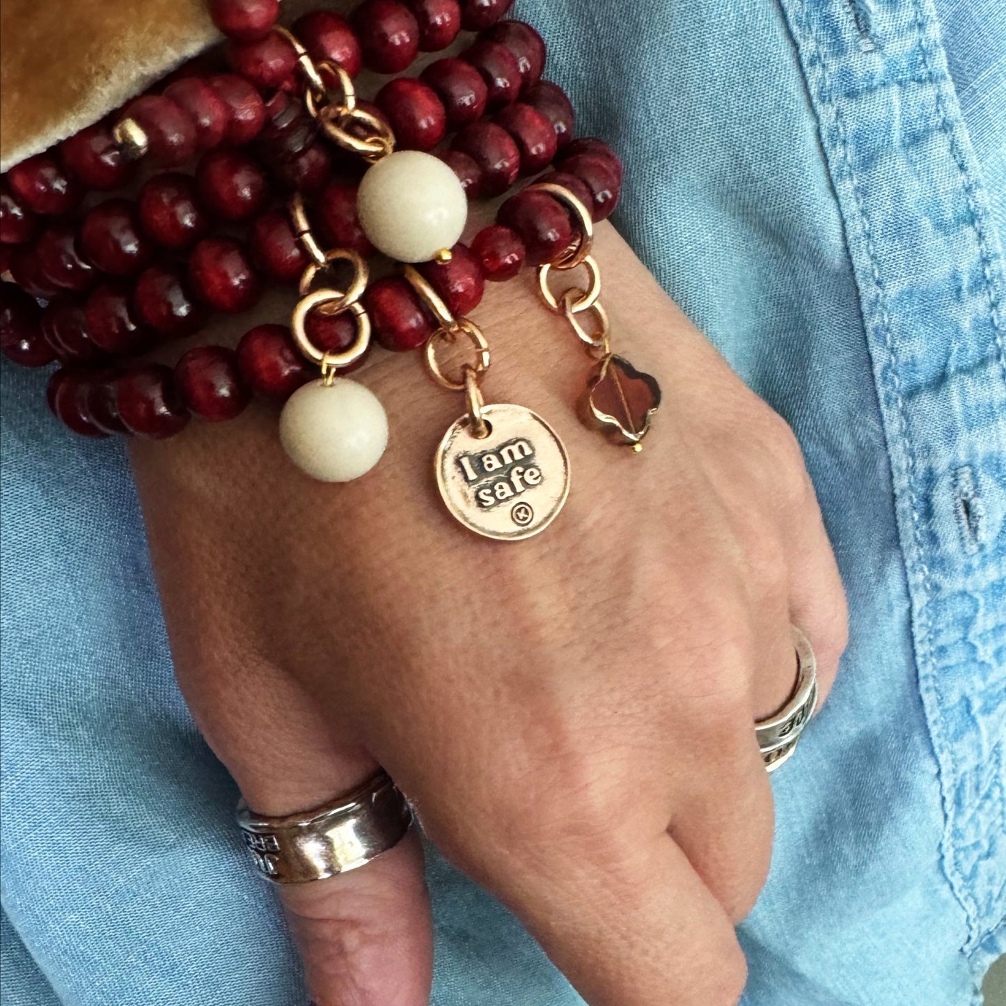 I Am Safe Heart Wood Boho Wrap Bracelet/Necklace