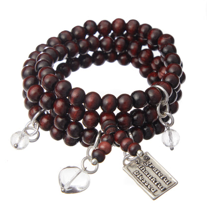 Grateful Thankful Blessed Heart Wood Boho Wrap Bracelet/Necklace