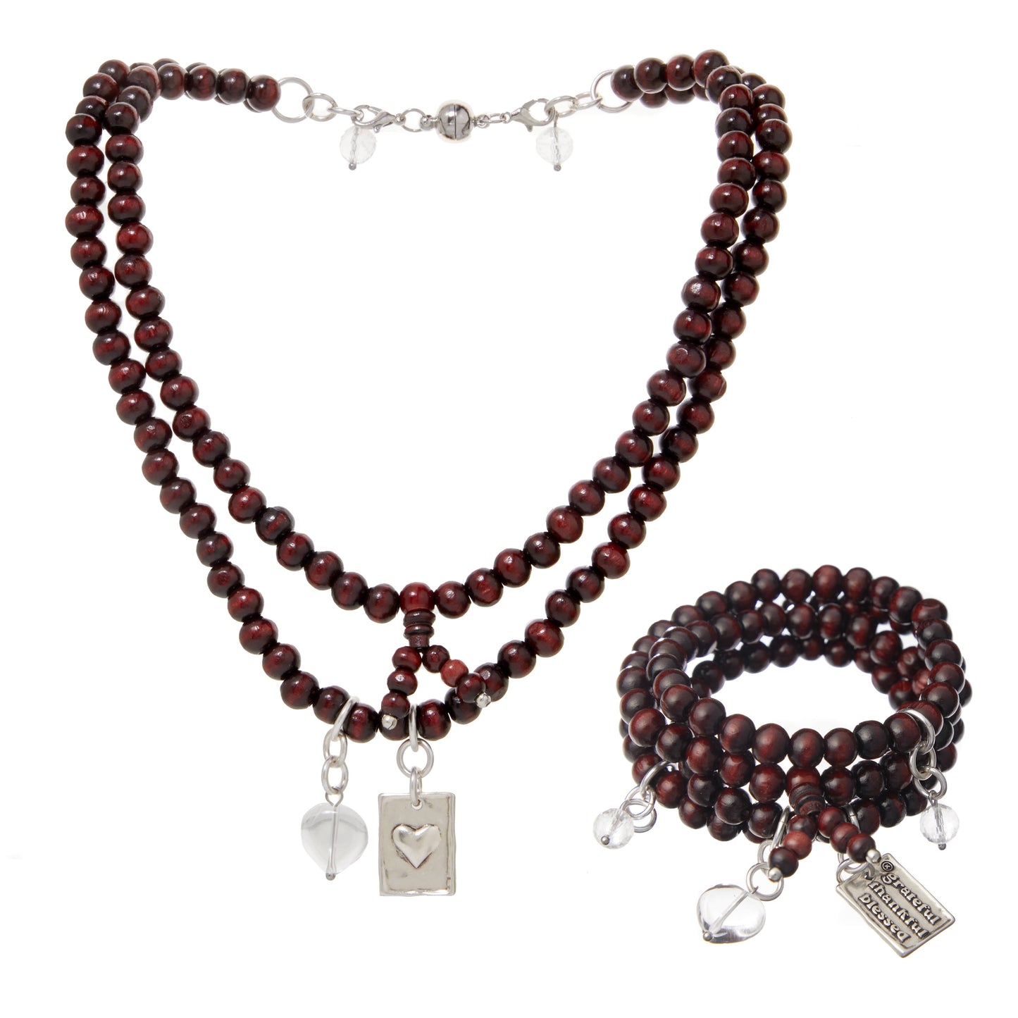 Grateful Thankful Blessed Heart Wood Boho Wrap Bracelet/Necklace