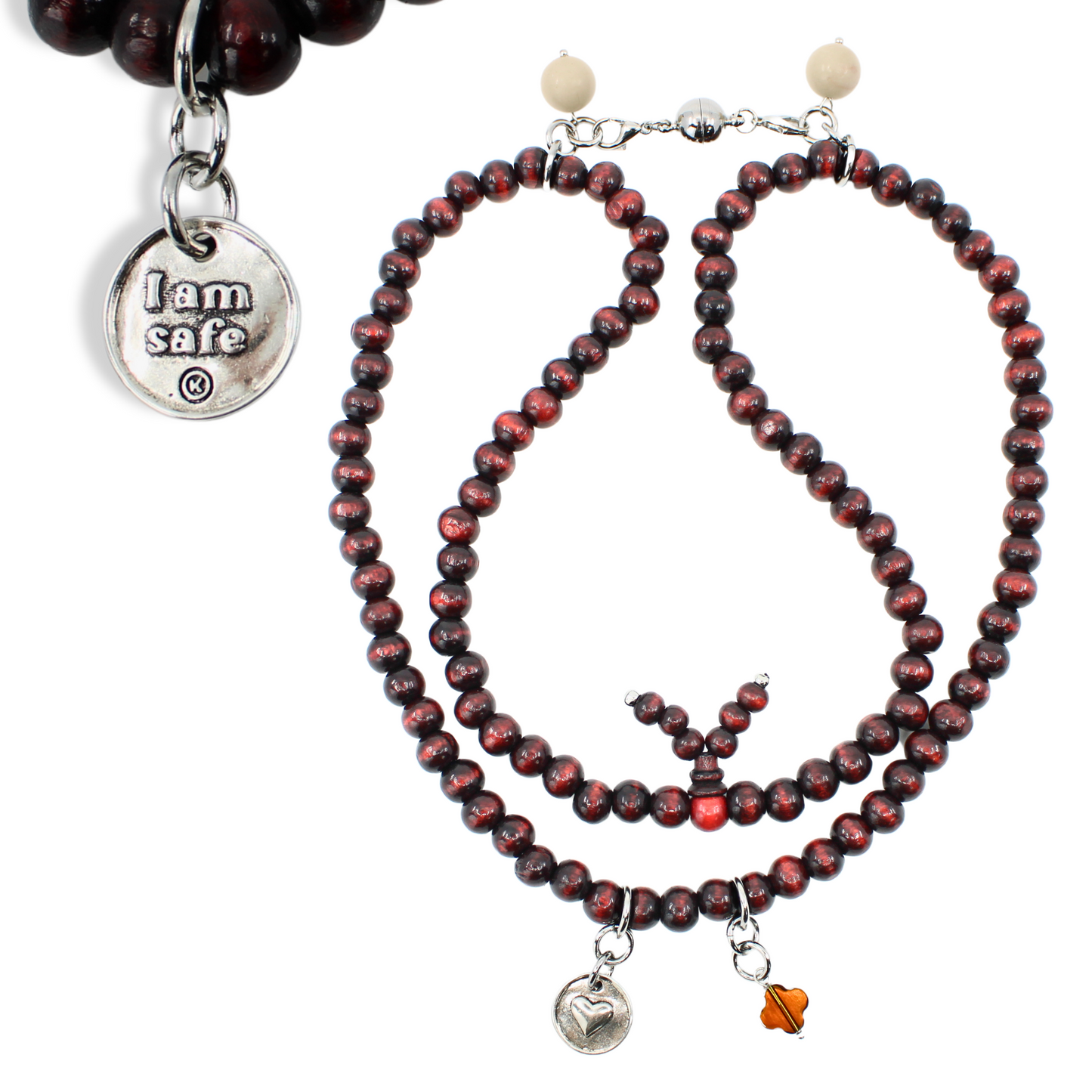 I Am Safe Heart Wood Boho Wrap Bracelet/Necklace