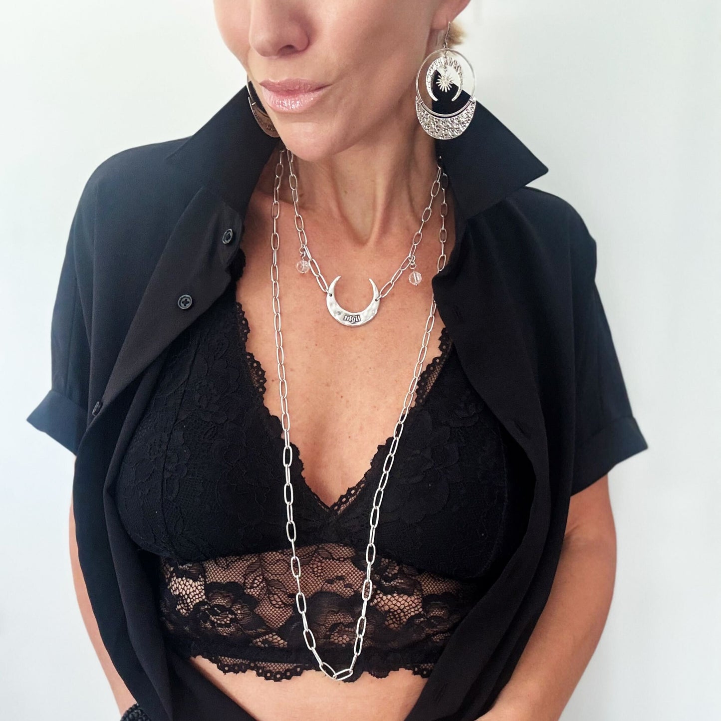 Light Crescent Moon Long Chain Necklace