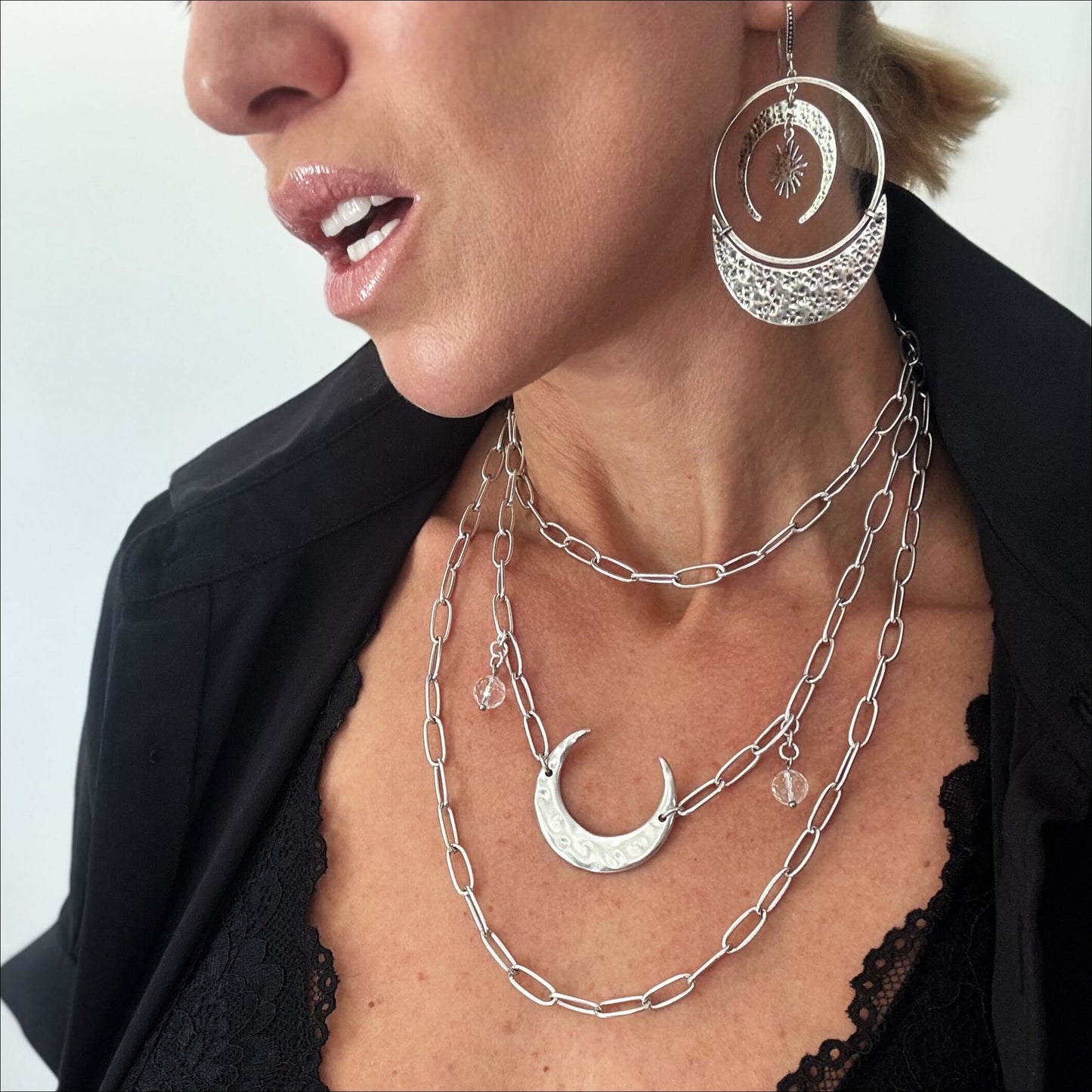 Light Crescent Moon Long Chain Necklace